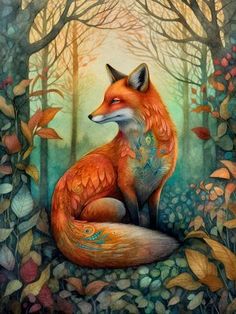 a painting of a fox sitting in the middle of a forest with trees and leaves