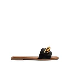 This Adorable Slide Sandal gives your outfit the perfect amount of class. The gold chain detail takes your outfit up a notch & allows you to stay on trend without breaking the bank. Your Outfit, The Gold, The Bank, Slide Sandals, Black Sandals, Gold Chain, Gold Chains, Sandals, Band