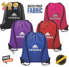 three drawsacks with different colors and logos on the front, two are black, one is purple, one is red