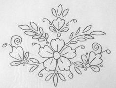 a black and white drawing of flowers with leaves on it's side, in the middle of an embroidered design