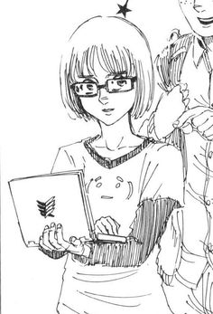 a girl with glasses is looking at her laptop while standing next to another girl in the background