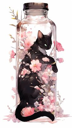 a black cat sitting inside of a glass jar filled with pink and white flowers on top of