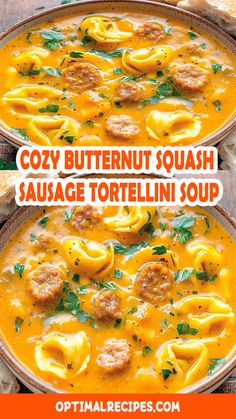 two bowls of creamy butternut squash sausage tortellini soup