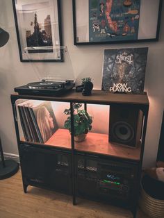 a record player sitting on top of a wooden shelf next to a potted plant