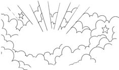 a black and white drawing of clouds with stars