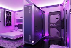 the interior of a futuristic bedroom with purple lighting