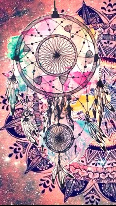 a drawing of a dream catcher with feathers and stars in the sky, on a pink background