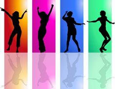 the silhouettes of four people are dancing in different colors and sizes, each with their arms up