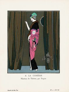 an illustration of a woman standing in front of curtains