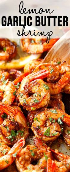 grilled lemon garlic butter shrimp in a skillet