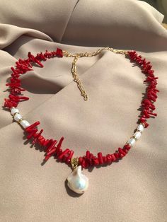 Red Pearl Jewelry, Pearl Coral Necklace, Red Pearl Chain Necklace As Gift, Red Pearl Chain Necklace For Wedding, Pearl Chain Pendant Beaded Necklace For Wedding, Red Single Strand Necklace For Wedding, Coral Jewelry Necklace, Pearl Necklace Real, Red Coral Jewellery