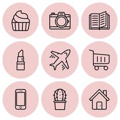 the icons for different types of items in black and white on pink circles, including an airplane