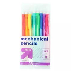 six different colored mechanical pencils in a package on a white background with the words mechanical pencils written below them