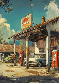 a painting of an old gas station with cars parked in front and a sign that says coca - cola on it