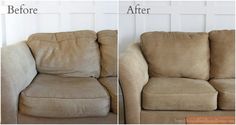 before and after photos of a tan couch with the same upholster on it