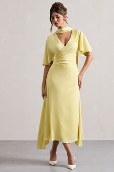 Lisette Lemon Asymmetric Flutter-Sleeve Maxi Dress – Club L London - USA Sherbet Lemon, Core Wardrobe, Minimal Accessories, Black Dress Prom, Party Dress Long Sleeve, Lemon Dress, Black Sequin Dress, Black Velvet Dress, Invisible Zip