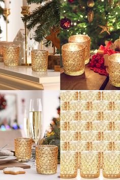 there are many gold candles on the table and in front of christmas tree with presents