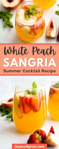 white peach sangria with fresh fruit and mint garnish on the rims