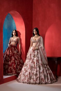 Seashell pink raw silk bridal lehenga. Adorned with intricate zardosi and multi colored parsi thread work floral jaal all over. Paired with an encrusted choli. Complimented with an organza embroidered border dupatta. Pink Chandbali Choli With Intricate Embroidery, Pink Raw Silk Lehenga With Intricate Embroidery, Pink Tissue Silk Choli With Intricate Embroidery, Pink Lehenga With Floral Embroidery In Traditional Drape, Red Lehenga With Floral Embroidery In Raw Silk, Red Raw Silk Lehenga With Floral Embroidery, Wedding Lehenga With Floral Embroidery In Tissue Silk, Red Floral Embroidery Lehenga In Raw Silk, Pink Lehenga With Floral Embroidery