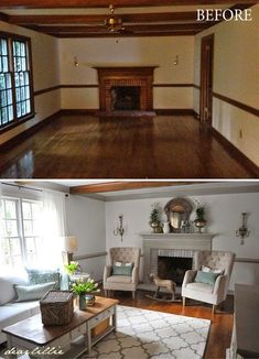 before and after pictures of a living room with wood flooring, white walls and fireplace