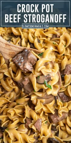 A wooden spoon holding beef stroganoff over a crock pot. Sirloin Steak Recipes Crockpot Crock Pot, Best Crockpot Roast, Sirloin Roast Recipes, Crock Pot Beef Stroganoff, Slow Cooker Pork Chops Recipes, Crockpot Steak Recipes, Steak Mushrooms, Sirloin Recipes, Sirloin Tip Steak