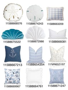 various pillows and pillow covers are shown in this image, with the numbers below them