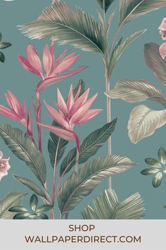 a green and pink floral wallpaper with lots of leaves, flowers and plants on it