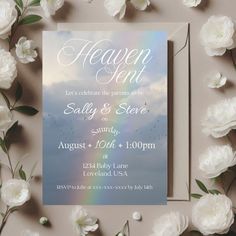 Heaven Sent Baby Shower Theme, Rainbow Invitations, Shower Bebe, Invitation Baby Shower, Party Details, Baby Shower Invite, Party Needs