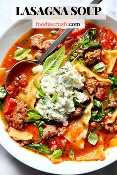 Lasagna Soup | foodiecrush.com Image shows a closeup overhead shot of a white dinner bowl full of a tomato-based soup with lasagna noodles, ground beef, Italian sausage, spinach, and fresh basil leaves, with a creamy ricotta cheese topping Soup Lasagna, Italian Sausage Spinach, Herbed Ricotta, Bypass Recipes, Best French Onion Soup, Italian Soup Recipes, Autumn Recipes Vegetarian