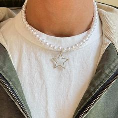 Y2k 2000s Grunge Pearl Star Pendant Necklace These Chains Are Unisex :)! Pearl Chain Brand New Men’s Pearl Chain, Y2k Necklace Men, White Star Charm Necklace For Party, White Necklace With Star Charm For Party, Trendy White Star Necklace, Y2k Necklaces, Black Stainless Steel Necklace, 2000s Grunge, Y2k Necklace