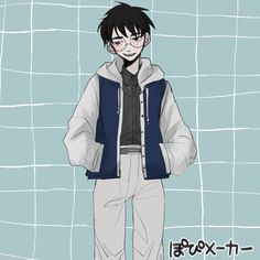 an anime character with glasses standing in front of a blue tile wall and holding his hands behind his back