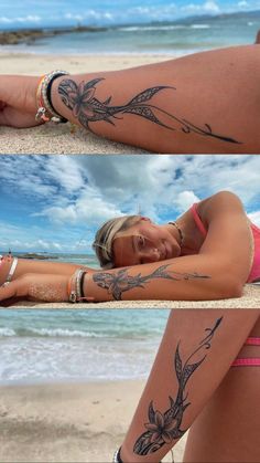 two pictures of a woman with tattoos on her arms and legs, both showing the same arm tattoo