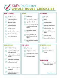 the printable list for kids's declutter whole house checklist