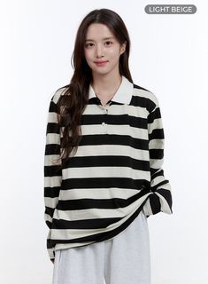 stripe-buttoned-collar-t-shirt-oo407 / Light beige Casual Cotton Tops With Striped Collar, Casual Striped Tops For School, Long Sleeve College Style Tops For School, College Style Long Sleeve School Tops, College Style Long Sleeve Tops For School, Casual Cotton Tops For School, Casual Long Sleeve Tops For School, Oversized Cotton Tops For School, Relaxed Fit Long Sleeve T-shirt For School