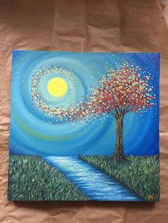 an acrylic painting of a tree with leaves blowing in the wind and a river running through it