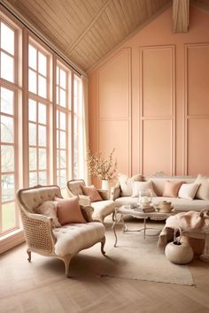 a living room filled with furniture and large windows