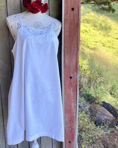 "a white vintage cotton shift dress made from a vintage French chemise  loose fitting  narrow ribbon shoulder straps & fine vintage cotton crochet at the neckline SIZE  approx large , XL +        ~ bust 104 cm / 41\"        ~ 132 cm / 52\" around the waist  length is 86 cm / 34\" mannequin is size small  gentle wash" Cotton Summer Nightgown For Weddings, Summer Cotton Nightgown For Wedding, Cotton Nightgown For Summer Weddings, Summer Cotton Wedding Nightgown, Summer Sleeveless Nightgown With Delicate Lace, Summer Sleeveless Delicate Lace Nightgown, Sleeveless Delicate Lace Summer Nightgown, Summer Nightgown With Lace Trim, Summer Nightgown With Spaghetti Straps And Lace Trim