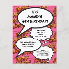 a birthday party card with comic speech bubbles on it's pink and yellow background