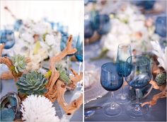 there are two pictures of blue glassware and flowers on the table, one is filled with succulents