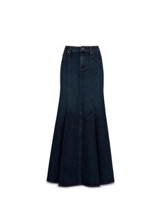 TWP's Harley Denim Maxi Skirt is a mermaid-cut skirt in a dark wash denim completed with button and zip closure.