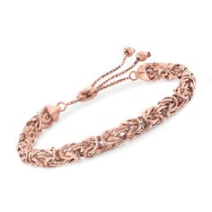 Ross-Simons - 18kt Rose Gold Over Sterling Byzantine Bolo Bracelet. On trend and so easy to style! This Byzantine bolo bracelet gleams in fresh and flirty 18kt rose gold over sterling silver. Box chain. Sliding mechanism adjusts to fit most wrists. Would make a great gift for any style maven - for a super smart price! 1/4" wide. 18kt rose gold over sterling silver Byzantine bolo bracelet. Byzantine Jewelry, Bolo Bracelet, Gifts For Your Sister, Fine Jewelry Bracelets, Womens Bracelets, Diamond Bracelet, Gold Jewelry, Jewelry Collection, Gold Bracelet