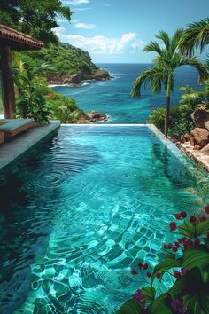 an outdoor swimming pool surrounded by greenery and blue water with the ocean in the background