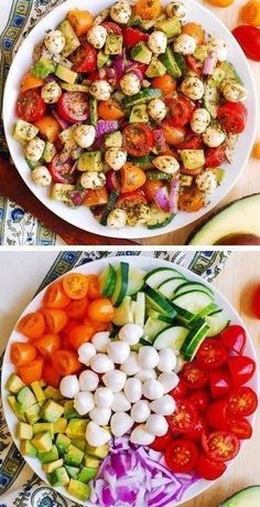 Collage of 2 photos - Avocado Salad with Tomatoes, Mozzarella, and Basil Pesto Lunch With Tomatoes, Basil Keto Recipes, Salad Recipes With Mozzarella Balls, Easy Summer Dinner Ideas Ovens, Small Mozzarella Balls, Small Salad Ideas, Mozzarella Ball Salad, Mozzarella Ball Recipes, Mozzarella Meals