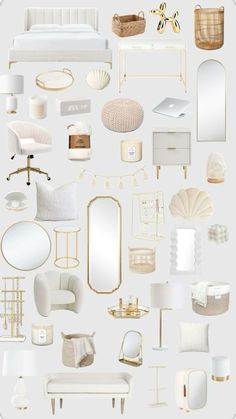 an assortment of white furniture and accessories