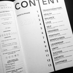 an open book with the contents of content on it's pages, in black and white