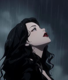 a woman with long black hair standing in the rain, looking up at an umbrella