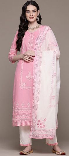 Pink and Majenta color Salwar Kameez in Cotton fabric with Bugle Beads, Printed work Pink Cambric Traditional Wear For Diwali, Traditional Pink Churidar With Printed Motifs, Pink Cotton Lawn Suit With Zari Work, Pink Churidar With Resham Embroidery In Cambric, Pink Cambric Churidar With Resham Embroidery, Pink Cambric Dupatta With Zari Work, Pink Cotton Unstitched Suit With Zari Work, Pink Unstitched Suit With Zari Work In Cambric, Pink Zari Work Cambric Dupatta