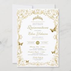 an elegant gold and white wedding card