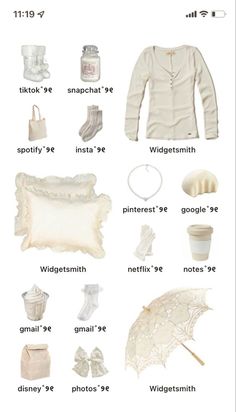 the contents of a woman's white outfit and accessories