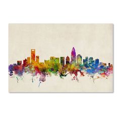 a colorful city skyline is shown in watercolor